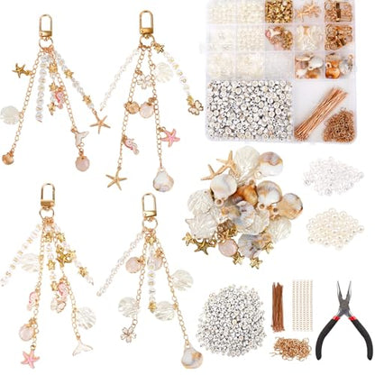 776PCS Ocean Keychain Making Kit with Charms DIY Key Chain Kit for Beginners Seashell Starfish Pearl Letter Name Beads Custom Keychains with Tools Crafting and Jewelry Making for Adults Gift for Women