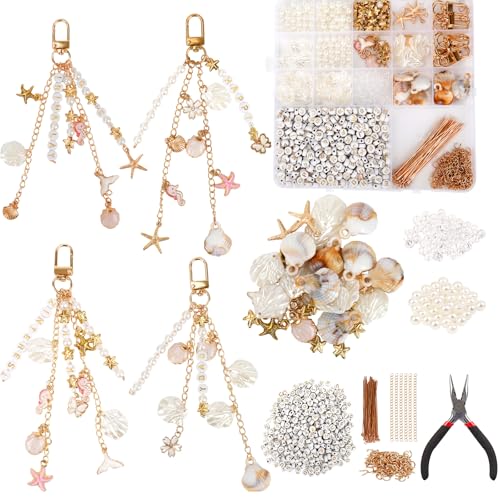 776PCS Ocean Keychain Making Kit with Charms DIY Key Chain Kit for Beginners Seashell Starfish Pearl Letter Name Beads Custom Keychains with Tools Crafting and Jewelry Making for Adults Gift for Women