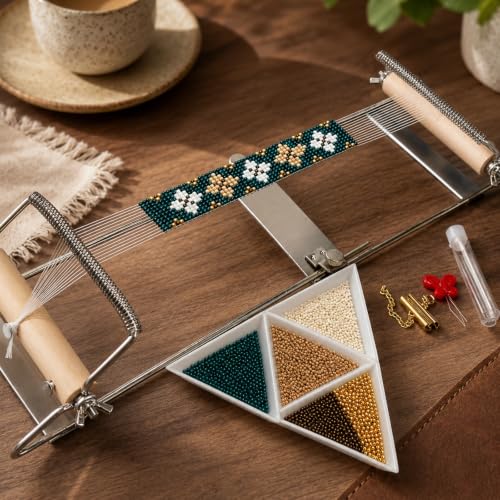 TMEGMIC Adjustable Metal Bead Loom Kit - Stainless Steel Beading Loom with Seed Beads & Needles - DIY Bracelet Jewelry Making Supplies, Green - color: Green