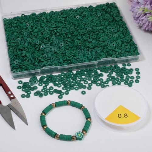 4000pcs Clay Beads - Forest Green, 6mm Heishi Bead Polymer Flat Round Disc Bulk Beads for Jewelry Making,DIY Friendship Bracelet and Necklace Craft - color: Forest Green