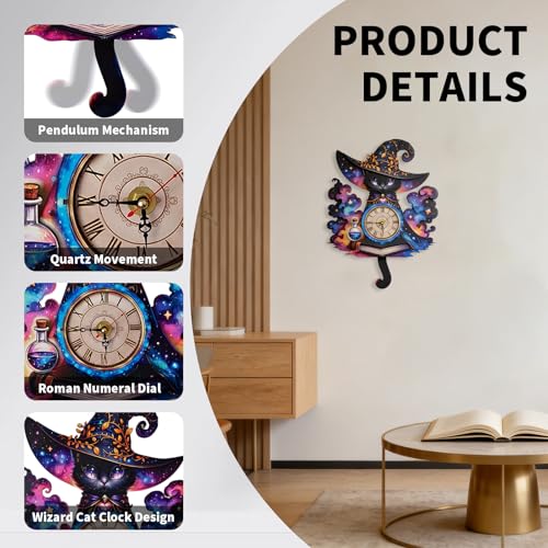 3D Wooden Puzzle Clock DIY Mechanical Model Kit, Wooden Desk & Wall Clock with Pendulum, Adult Crafts Model Clock Kit, Laser Cut Wood Assembly, Fantasy Cat Wizard Galaxy Decor, Unique Gift