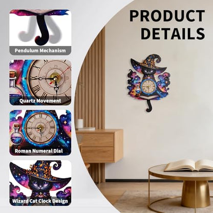 3D Wooden Puzzle Clock DIY Mechanical Model Kit, Wooden Desk & Wall Clock with Pendulum, Adult Crafts Model Clock Kit, Laser Cut Wood Assembly, Fantasy Cat Wizard Galaxy Decor, Unique Gift