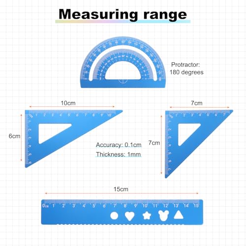 HARFINGTON 4pcs Triangular Ruler Set 15mm Aluminum Geometric Protractor Triangle Engineering Scale Drafting Ruler Kit for Office Home, Sky Blue - color: Sky Blue, size: 15mm