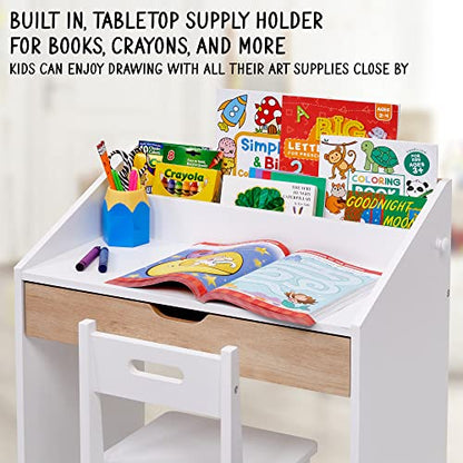 Lil' Jumbl Toddler Wooden Study Desk and Chair Set, Home School Learning Workstation with Writing Table, Storage Drawer, Tabletop Organizer & Hanging Hooks for Children Studying, Reading & Drawing