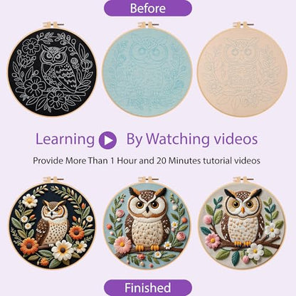 Uniartfy 3 Sets Embroidery Kit for Beginners with Owl Flower Pattern, Hand Needlepoint Kits for Adults, Embroidery Starter Kits with Hoops, Step by Step Video & Instructions, DIY Cross Stitch Kit - color: Embroidery Kit-H