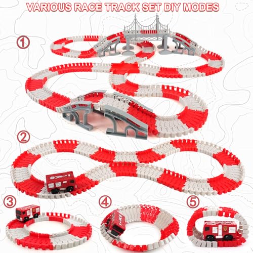 GIAT Race Car Track Toy for Kids - Birthday Gift for Boys Ages 3 4 5 6 7 Year Old, Flexible DIY Playset with Helicopter and Fire Truck, 330+ PCS Interactive Set - color: Red Fire Station Race Tracks Set