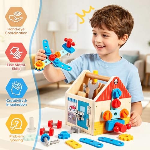 Wooden Toddler Tool Bench with Construction Tools, Screws, Gears & Latches - color: Variedness