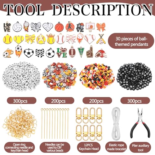 Hinly 3718 Pcs Sports Keychain Bracelet Making Kit DIY Name Bead Craft - color: Colorful, style: Sports Balls