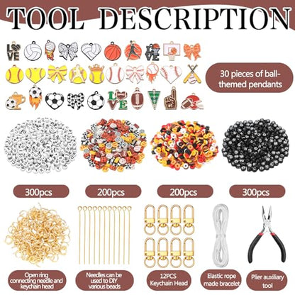 Hinly 3718 Pcs Sports Keychain Bracelet Making Kit DIY Name Bead Craft - color: Colorful, style: Sports Balls