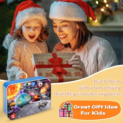 Puzzles for Kids Ages 4-6, 60 Piece Puzzles for Kids Ages 3-5 in Metal Box - color: Space