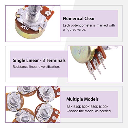 Swpeet 75Pcs B5K 10K 20K 50K 100K Ohm Knurled Shaft Linear Rotary Taper Potentiometer with 5 Different Kinds Knob(WH148) Kit for Tinkering - style: Plastic