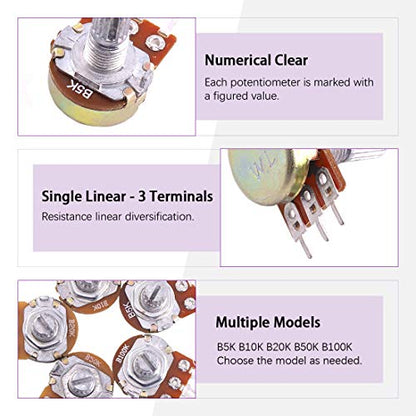 Swpeet 75Pcs B5K 10K 20K 50K 100K Ohm Knurled Shaft Linear Rotary Taper Potentiometer with 5 Different Kinds Knob(WH148) Kit for Tinkering - style: Plastic