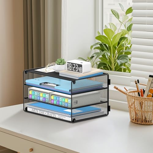 DALTACK 3 Tier Letter Tray Paper Organizer with Sliding Mesh Trays Black - color: Black