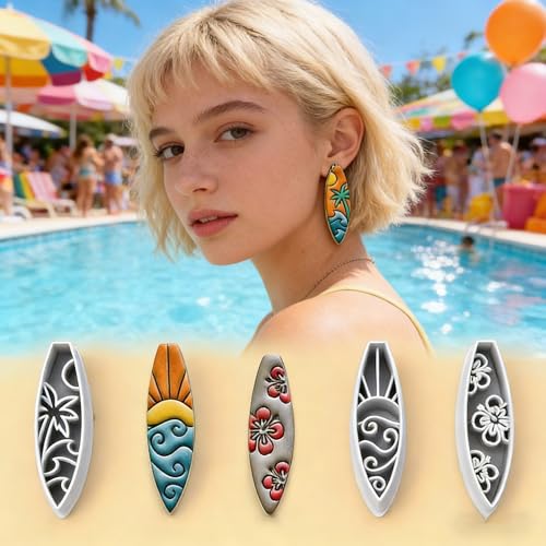 9 Pcs Summer Ocean Polymer Clay Cutters Set - Surfboard, Flip Flop & Sea Themed Clay Cutters for Polymer Clay Jewelry Making, Earring & Craft Supplies - color: Surfboard