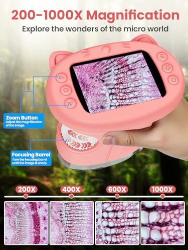 Microscope for Kids, 2.4 Inch Digital Microscope with 1000X Magnification, Handheld Camera Mini Pocket Magnifying Glass, Educational Birthday Gifts Toys for Ages 3+, Pink - color: Pink