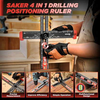 Saker 4-in-1 Drilling Positioning Ruler, Adjustable 13.78in Multifunctional T Square Ruler, Cabinet Hardware Jig, Marking Gauge Tools for Woodworking, Cabinet Drawer Door Hole Drilling Template - size: 13.78inch
