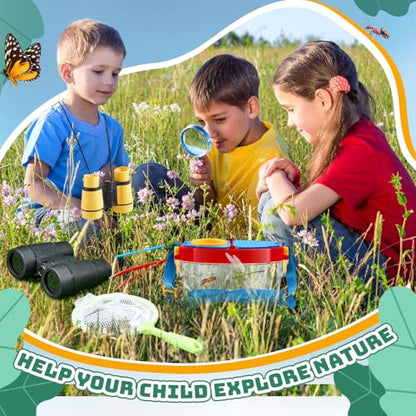 VioraWhite 6 Sets Bug Catcher Kit for Kids Outdoor Explorer Kit Summer Bug Collection Kit with Kids Binoculars Butterfly Net Magnifying Glasses Tweezers Bug Observation Containers with Shoulder Strap