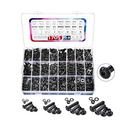 1705 Pcs Machine Screw Assortment Kit, M2 M3 M4 M5 Metric Bolts and Nuts Kit with Lock and Flat Washers, Hex Button Head 10.9 Alloy Steel Cap Screw Set with Allen Wrench - color: Black-Hex Socket Button Head 1705 Pcs