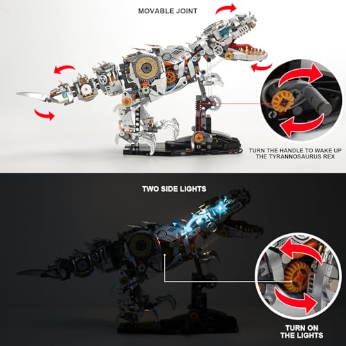 Mechanical Dinosaur Building Blocks Linkage Kit, Jurassic Animal Tyrannosaurus Rex Model with Lighting & Display Stand, STEM Toy DIY Desktop Ornament for Kids Ages 12+, Birthday Gift Idea - color: Dinosaur
