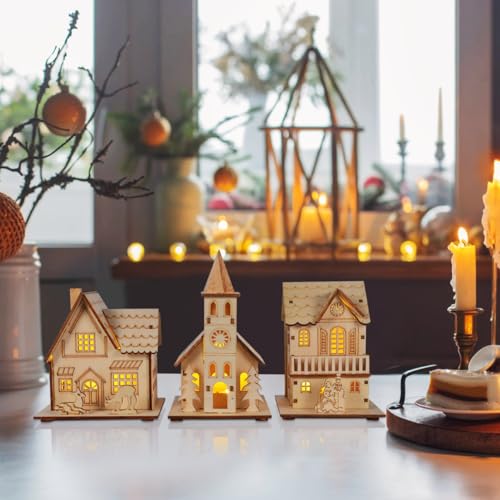 jojofuny 3pcs LED Light up Wooden Christmas House Village Decorations Unfinished Wood Xmas House DIY Wood Chalet Tree Ornaments Christmas Table Centerpieces