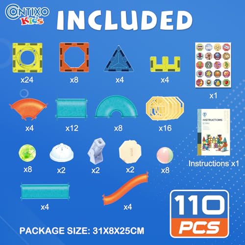 Contixo STEM Building Toys - 110 pcs Marble 3D Magnetic Run Tiles Learning Stacking Educational Building Blocks Set, Creativity Beyond Imagination, Inspirational, Recreational Toy for Kids - style: STEM-110pcs
