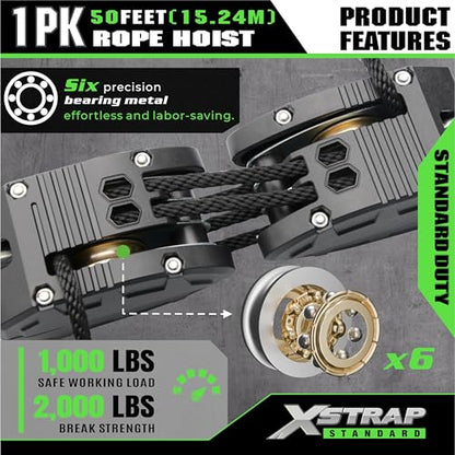 XSTRAP STANDARD 50FT Rope Hoist Pulley Block & Tackle 5:1 System, Black - color: 50 Ft+Black+2 Soft Loops