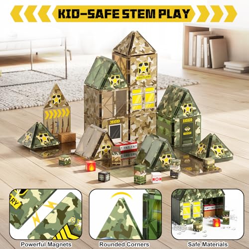 Bmag 109 PCS Military Magnetic Tiles Set, Army STEM Building Toys, Camo Printed Construction Blocks, Educational Play Gifts for Boys Girls Ages 3-12 - size: 109PCS