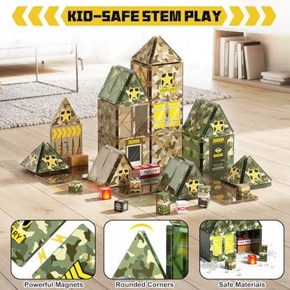 Bmag 109 PCS Military Magnetic Tiles Set, Army STEM Building Toys, Camo Printed Construction Blocks, Educational Play Gifts for Boys Girls Ages 3-12 - size: 109PCS