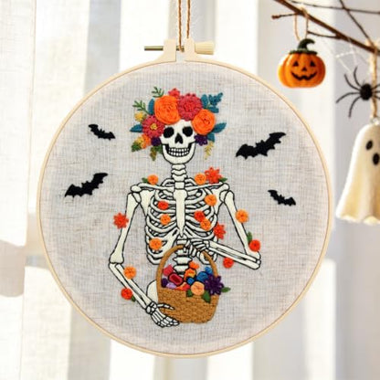 Halloween Embroidery Kits for Beginners Adults, Gothic Skeleton Embroidery Starter Kits, Halloween Cross Stitch Kits Needlepoint Kits for Adults Woman Gifts, Embroidery Hoop, Thread, Video Tutorial - color: H2101