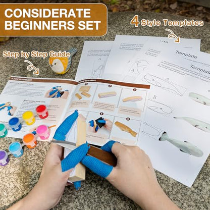 Wood Carving Kit, 37pcs Wood Carving Tools with 12 Color Paint, Wood Whittling Kit with 4pcs Templates & Users Guide for Beginners37Pcs Wood Carving Kit with Storage Bag