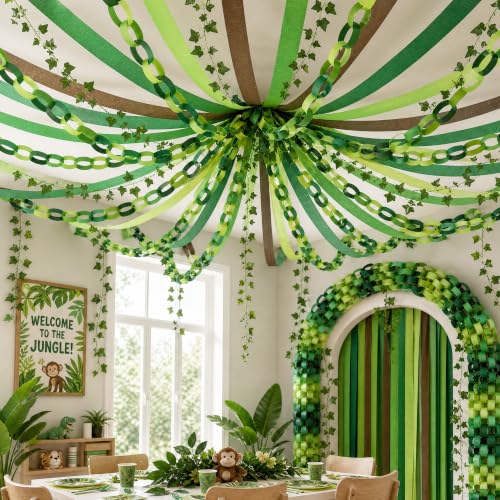 500 Sheets Green Paper Chain Strips and Vine Garland Set with Crepe Paper - color: Rainforest-500Pc