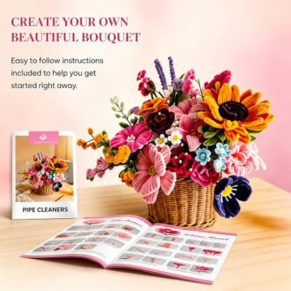 1050 Pcs Pipe Cleaner Flower Kit, Complete DIY Flower Bouquet Making Kit, - color: Colour1000
