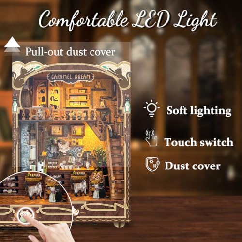 DIY Dollhouse Kit for Adults 2D Stereo Assembly Night Light Sensing Wooden Bookend Jigsaw Building Model (Caramel Dreams) - color: Caramel Dreams