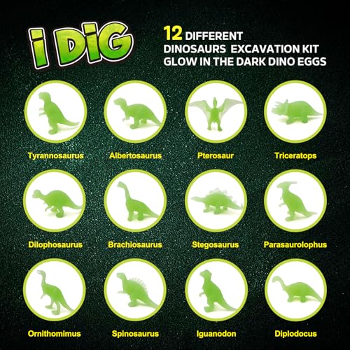 Gamerside Dino Eggs Dig Kit, 12 Glow-in-the-Dark Dinos &12 Digging Tools - color: Green Dinosaur