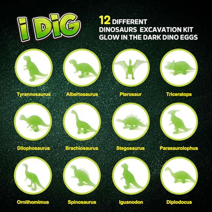 Gamerside Dino Eggs Dig Kit, 12 Glow-in-the-Dark Dinos &12 Digging Tools - color: Green Dinosaur