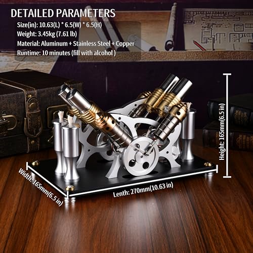4-Cylinder Hot Air Stirling Engine Model Kit with Generator,Ready-to-Start Full Metal Kit,Stainless Steel Heating Tube & Copper Head,Precision CNC Parts,for Physics Demo & Engineering Collection