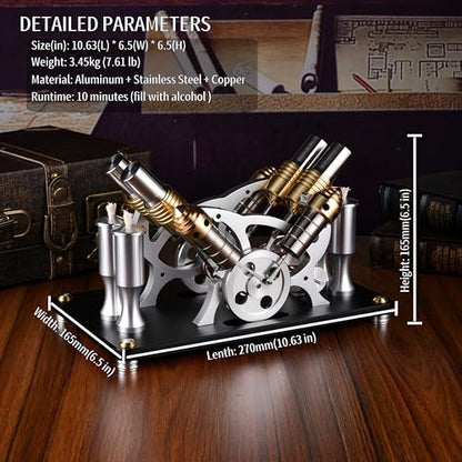 4-Cylinder Hot Air Stirling Engine Model Kit with Generator,Ready-to-Start Full Metal Kit,Stainless Steel Heating Tube & Copper Head,Precision CNC Parts,for Physics Demo & Engineering Collection