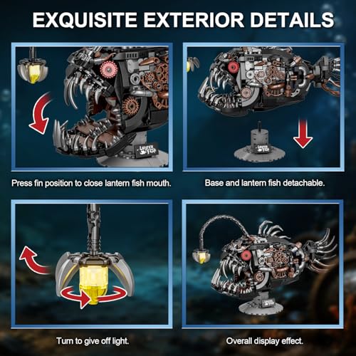 Mechanical Angler Fish Building Blocks Set – 1038PCS Steampunk Deep Sea Creature Model, Ocean Animal STEM Kit for Adults, 3D Collection Puzzle with LED Lantern & Movable Jaw