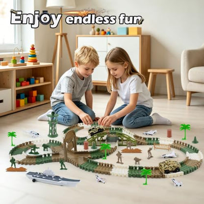 Military Race Car Track Set, 240+ PCS Army Track Toy for Kids Ages 3-7 - color: Military Race Car Tracks