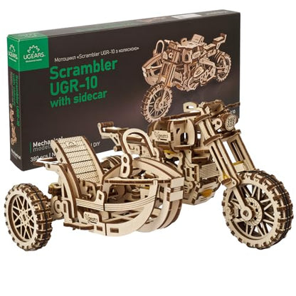 UGEARS Motorcycle with Sidecar Scrambler UGR-10 – Mechanical 3D Wooden Puzzles for Adults – DIY Model Kits for Adults with Moving Engine – Collectible Moto 3D Puzzle Model Kit - 380 Pcs
