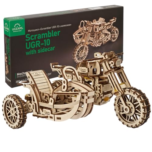 UGEARS Motorcycle with Sidecar Scrambler UGR-10 – Mechanical 3D Wooden Puzzles for Adults – DIY Model Kits for Adults with Moving Engine – Collectible Moto 3D Puzzle Model Kit - 380 Pcs