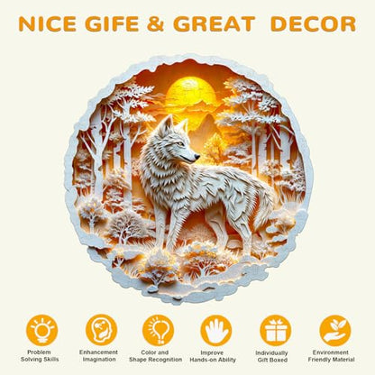 Wooden Puzzles for Adults, Flat Wolf Puzzles with 3D Visual Effect - color: 3d Wolf-2, size: Medium