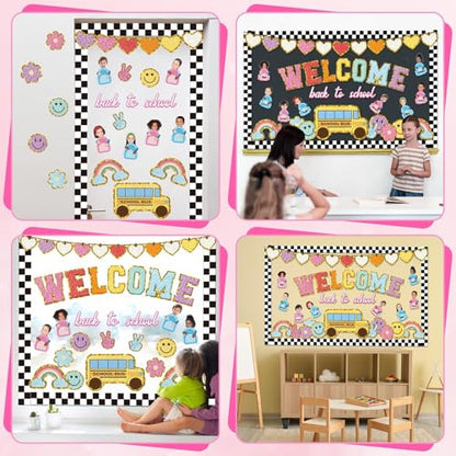 Welcome Back to School Bulletin Board Boho Groovy Preppy Patch Classroom Bulletin Board Decorations Schoolbag Paper Cutouts for Office Chalkboard Decor First Day of School Wall Door Supplies - style: Back to School