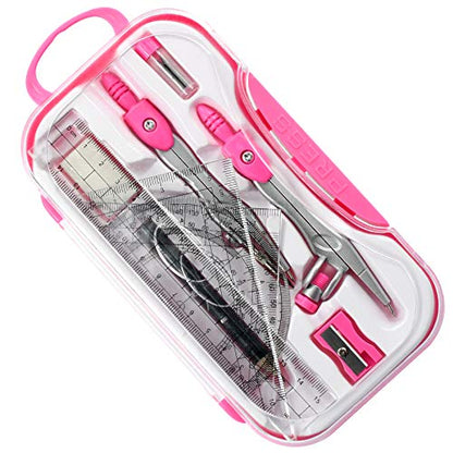 Unjoo Geometry Set 10 Pcs Student Supplies, Protractor and Compass (Pink） - color: Red