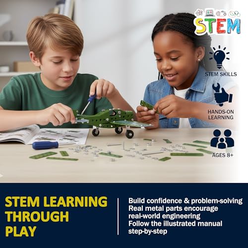 STEM Metal Airplane Building Kit for Kids, 285-Piece DIY Plane Set - style: Green Metal Airplane Build Kit