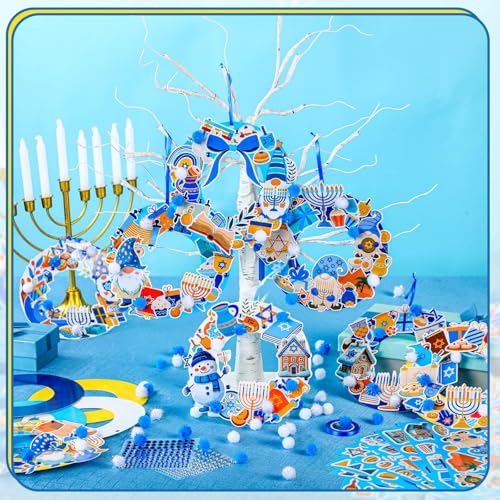 Hollowfly 48 Sets Hanukkah Wreath Craft Kits DIY Menorah Ornaments - style: Hanukkah