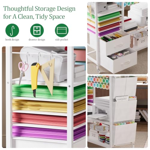 VENNQD Large Heat Press Table Stand, Rolling Heat Transfer Machine Desk Cart Drawers Compatible with Cricut Machines Vinyl Roll Holder DIY Organizer Crafting Table Workbench (White) - color: White