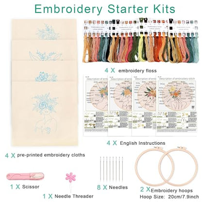 Harimau Adult Beginner Embroidery Starter Kit, Complete Set with 4 Patterns, 2 Hoops, Needles, Scissors, Instruction Guide & Stitching Video Tutorials - color: Human body art patterns