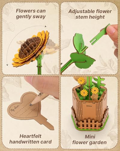 Kaayee 3D Wooden Flower Puzzles Sunflower, Wood Flowers Craft for Adults - color: Sunflower