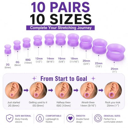 Oyaface 20 PCS Piercing Tunnel Set Soft/Hard Silicone Flesh Ear Plugs 2g-25mm Flexible Ear Stretching Gauge Expander - color: Purple(thin)